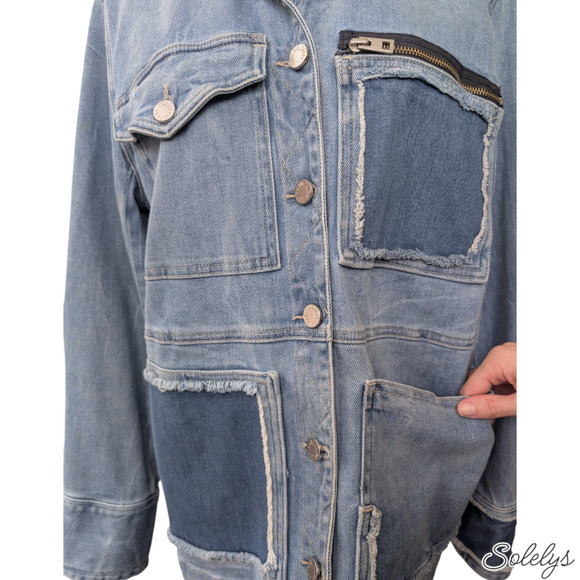 Zadig & Voltaire Kick Destroy Distressed Pocket Patchwork Blue Jean Denim Jacket - Picture 9 of 11